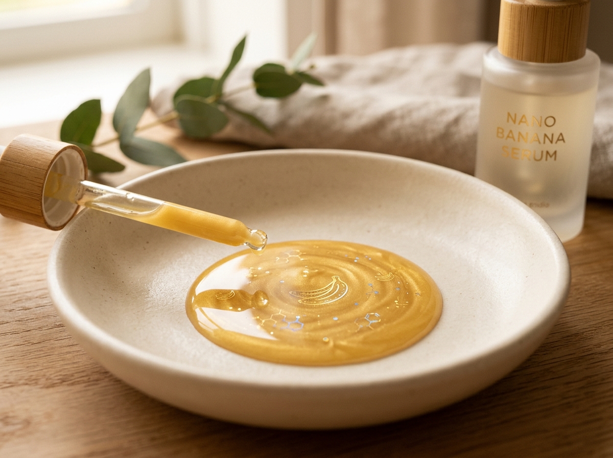 Minimalist skincare lifestyle with smooth golden serum and nano banana motifs
