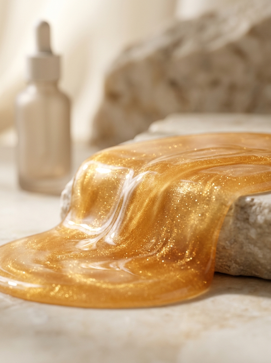 A cinematic close-up of a smooth, glowing golden serum texture